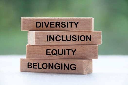Wooden blocks with text - Diversity, inclusion, equity and belonging with blurred nature background photo