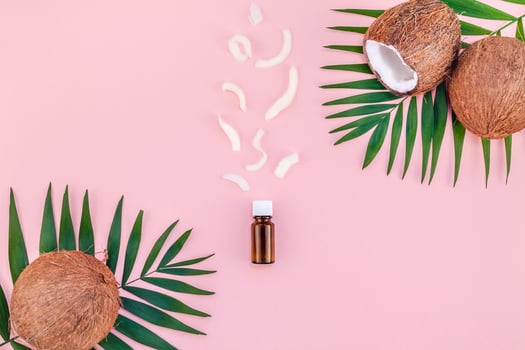 Palm leaves and coconuts on pink pastel background photo