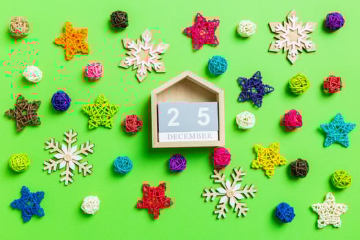Top view of wooden calendar. The twenty fifth of December. New Year decorations on green background. Festive stars and balls. Merry Christmas concept photo