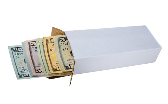 money in box. Box with american dollars isolated. photo