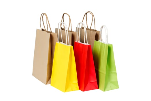 Set of colored and brown paper shopping bags isolated photo
