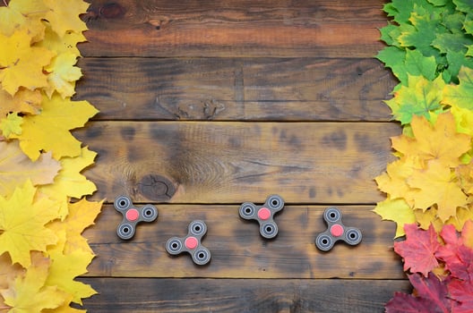 Several spinners among the many yellowing fallen autumn leaves on the background surface of natural wooden boards of dark brown color photo