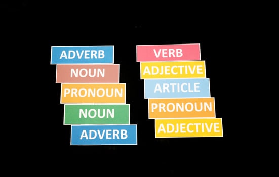 English word cards on black background photo