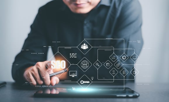 SEO concepts, optimization analysis tools, search engine rankings, social media sites based on results analysis data.Businessman showing virtual icons,marketing strategies. for business development photo