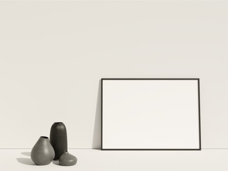 Clean and minimalist front view horizontal black photo or poster frame mockup leaning against the wall with vase. 3d rendering.