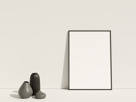 Clean and minimalist front view vertical black photo or poster frame mockup leaning against the wall with vase. 3d rendering.