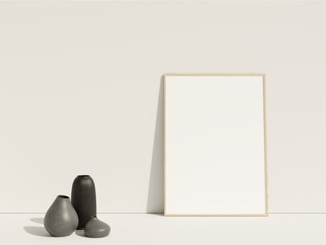 Clean and minimalist front view vertical wood photo or poster frame mockup leaning against the wall with vase. 3d rendering.