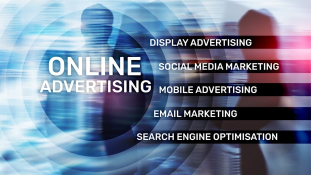 Online advertising, Digital marketing. Business and finance concept on virtual screen. photo
