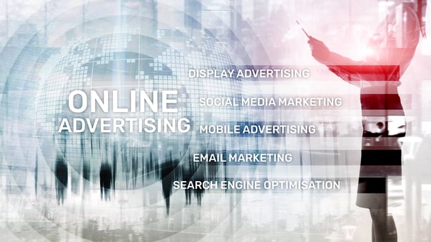 Online advertising, Digital marketing. Business and finance concept on virtual screen. photo
