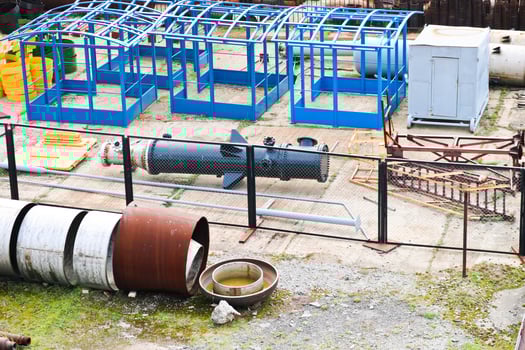 Industrial landscape. Panoramic view of the technological pipes. Rusty pipes, blue rubies, production communications. Metal, plastic, galvanic structures, which are made on the product photo