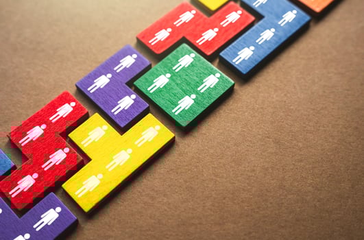 A chain of pieces of teams of people. Work together. Personnel management. Human capital optimization of employees. Cooperation teamwork. Consolidation. Discipline unity. Forming an organized group. photo