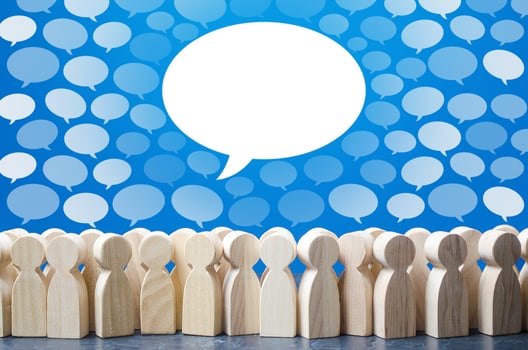 Big conversation talk cloud stands out from rest above people. Active discussion, thoughts expression. Choosing best solution fresh good idea, concession. Generally accepted opinion. Gossip and rumors photo