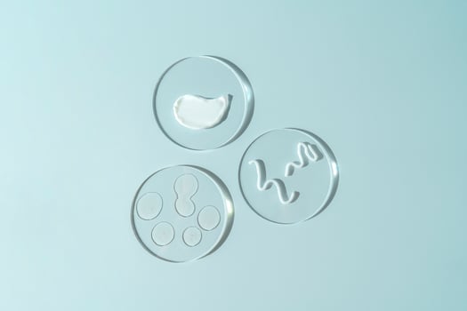 A transparent face serum or oil with drops and a white smudge of face cream on a round podiums. Cosmetology and pharmaceuticals concept. photo