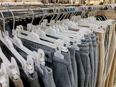 Clothes hang on hangers in the store. photo