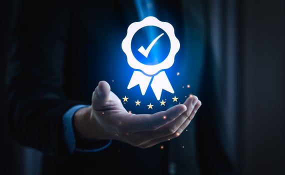 Businessman touching certificate icon, Certification and standardization process, iso certified business, conformity to international standards and quality assurance 5 star concept. photo