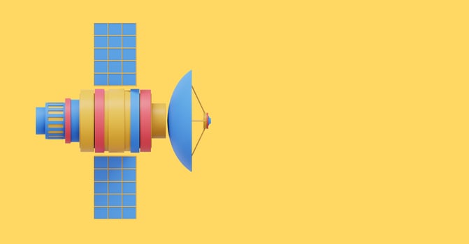 Space satellite with an antenna. Orbital communication station intelligence, research. 3D rendering. Multicolored icon on colored background with space for text. photo