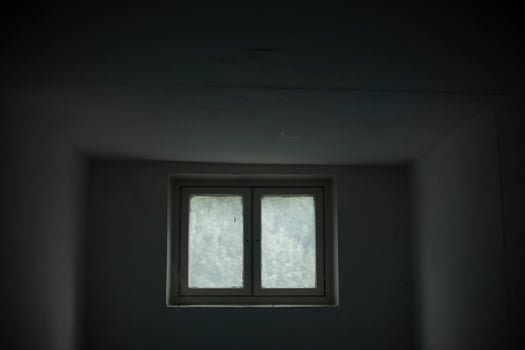 Window in house. Entrance window. Top floor. Interior details. photo