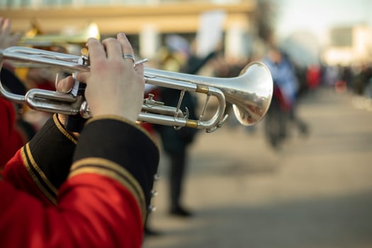 Military band in parade. Trumpeters on street. Trumpeter plays tune. Orchestra in Russia. photo