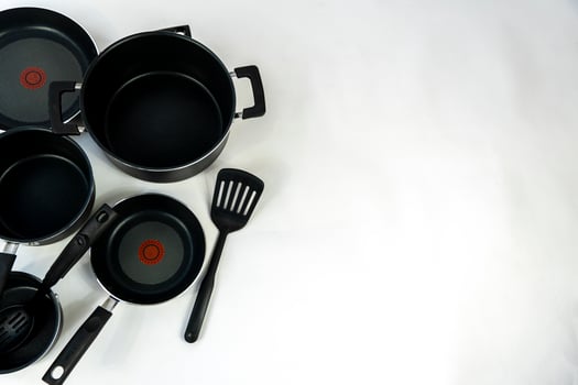 cookware set with white bottom, cookware, metal, black handle, mexico photo