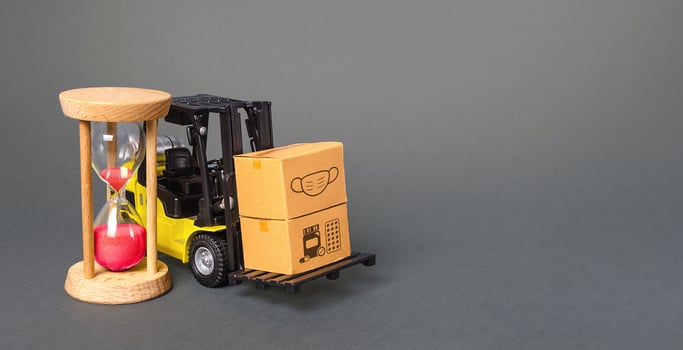 Forklift with boxes and hourglass. Urgent delivery of medicines and medical protective masks. Supply hospitals and populations to stop spread COVID-19 coronavirus, contain padnemia. Express shipping photo