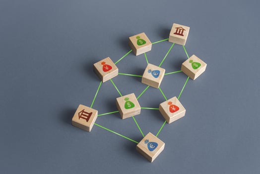 Banks and money connected in a network of lines. Financial system. Borrowing of credit funds in international capital markets. Interbank communication system. Stimulating the economy to recover. photo