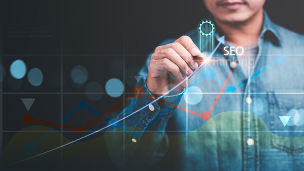 SEO concepts, optimization analysis tools, search engine rankings, social media sites based on results analysis data.Businessman showing virtual icon , showing growth of website ranking photo