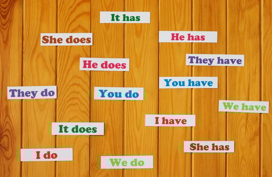English grammar cards on wooden board photo