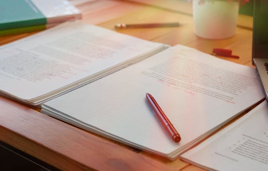 red pen on blurred paperwork and books photo