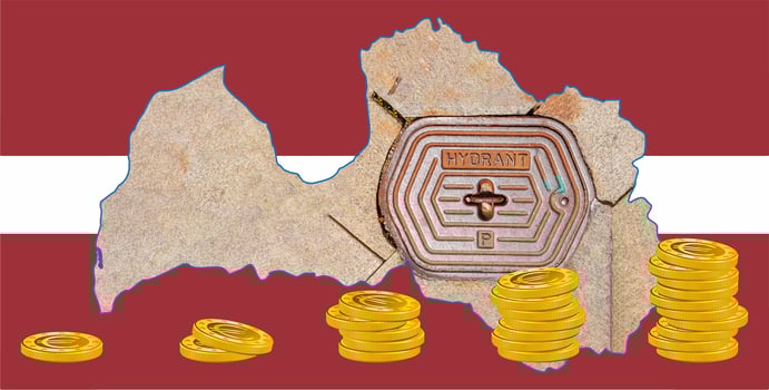 Outline map of Latvia with the image of the national flag. Power line inside the map. Stacks of euro coins. Collage. Energy crisis. photo