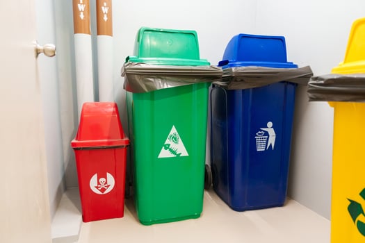 Colorful trash dustbin, Red, green, blue and yellow bin for Hazardous, Biodegradable, General and Recyclable waste. recycling management, waste segregation, garbage and rubbish concept photo
