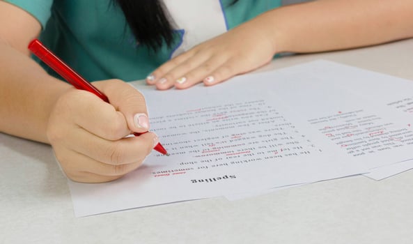 hand holding red pen over proofreading paper photo