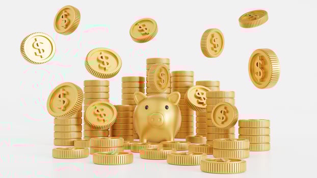 Golden pig, Piggy bank and gold coins, on white background, 3D rendering photo
