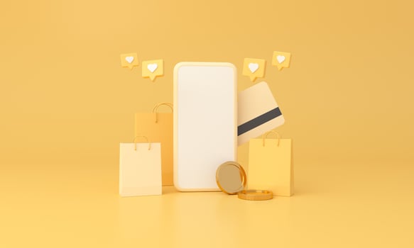 Online transaction via smartphone, bag shopping, credit card, money coin online, like heart icon, online payment concept. photo