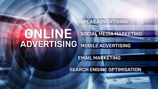 Online advertising, Digital marketing. Business and finance concept on virtual screen. photo