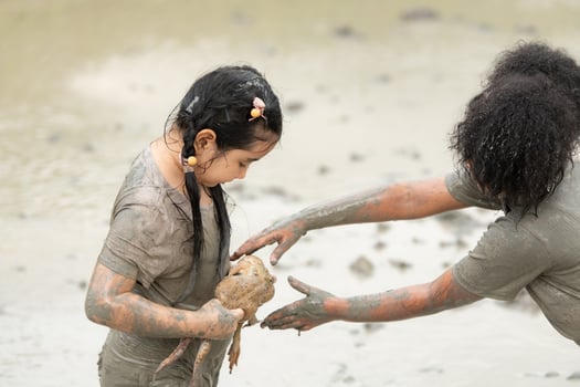 Children have fun playing in the mud in the community fields and catching a frog in a muddy field. photo