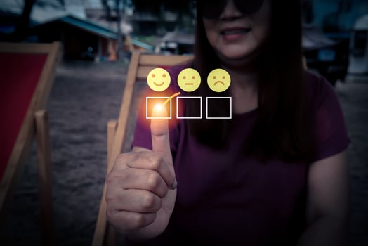 Traveler finger of woman touching and check mark on smile satisfaction rating icon face. photo
