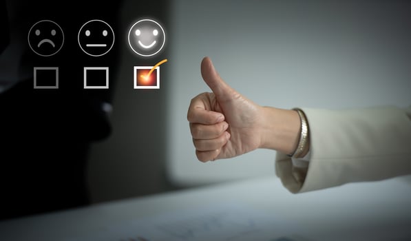 Businesswoman showing a thumbs up sign, Customer experience satisfaction. photo