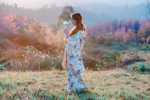 Travel and vacation in Japan concept, Young Asian woman wearing traditional Japanese kimono and hands holding beautiful white rose, Japan. photo