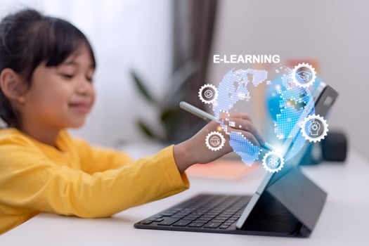 Education technology concept. Schoolgirl learning in the room. Online school. EdTech.E-learning concept photo