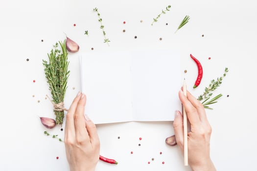 Blank notepad pages with greens herbs and spices photo