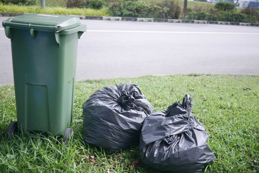 Bag with garbage and rubbish bin photo