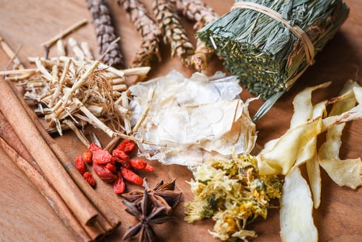 Herbal medicine dried herb from nature Non-toxic organic product on wooden background - Dry spices and herbs dood ingredients in Thailand Asian for healthy lifestyle photo