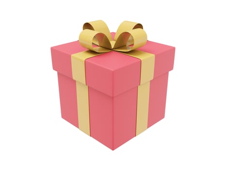 Realistic red gift box with yellow ribbon. 3D rendering. Icon on white background photo