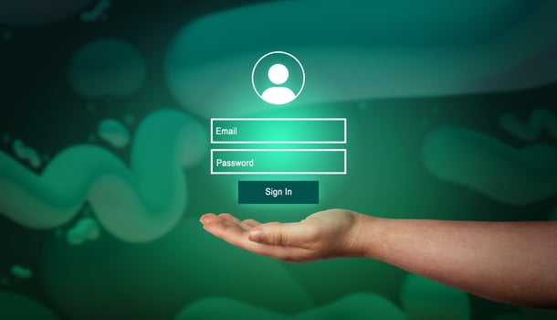 Woman hand showing VR interface of login. Secure access to user's personal information. Sign in with username and password. Cyber security and data protection. photo