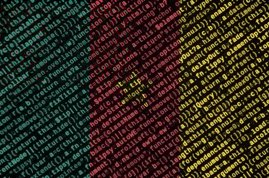Cameroon flag is depicted on the screen with the program code. The concept of modern technology and site development photo