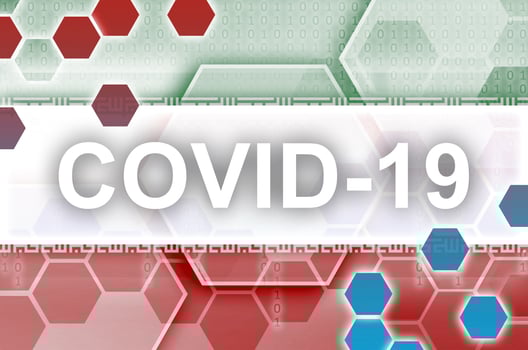 Iran flag and futuristic digital abstract composition with Covid-19 inscription. Coronavirus outbreak concept photo