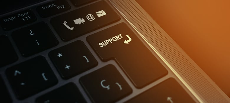 Banner of keyboard with support button and icons. Internet of things. Customer support hotline people connect. Feedback, business and finance concept. photo