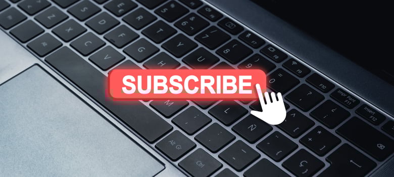 Banner close up of laptop keyboard with virtual button for subscribe. Internet of things. Newsletter concept. Contact e-mail. Support service. photo