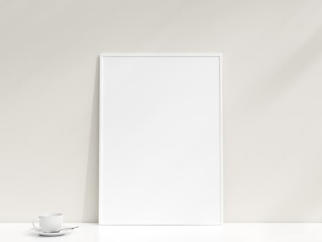 Interior poster mockup with photo frame leaning against the white wall. Minimalist photo frame mockup. Empty frame stands on white table. 3d rendering.