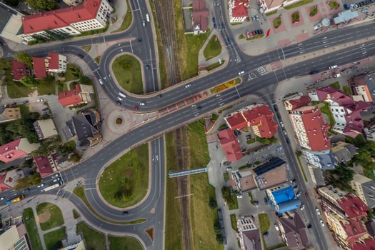 aerial view of road interchange or highway intersection. Junction network of transportation taken by drone. photo